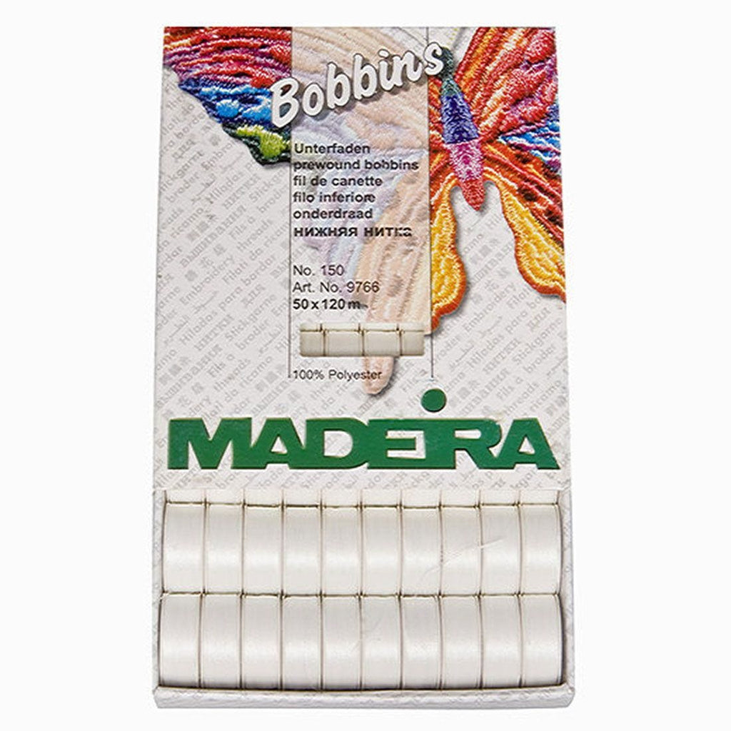 PREWOUND BOBBIN 120M/131YD MADEIRA WHITE POLYESTER 50BX