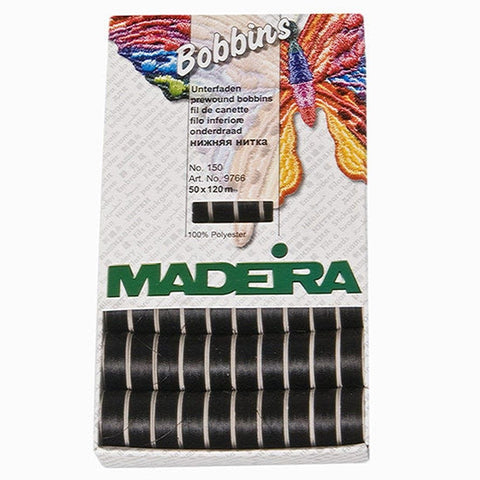 PREWOUND BOBBINS STYLE L 120/131YD MADEIRA BLACK POLYESTER 50BOX