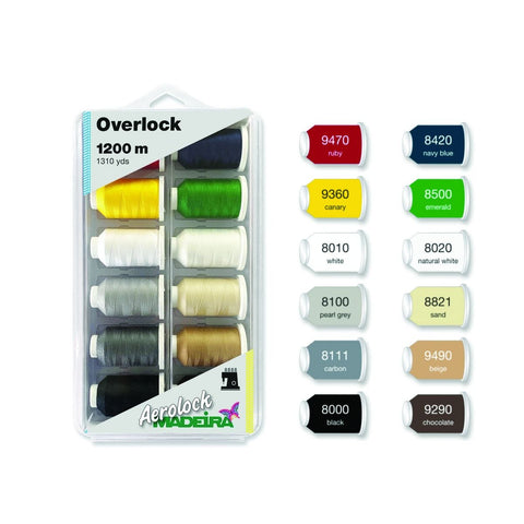 Madeira Thread Box With Aerolock 125 Wt. Overlock And Sewing Thread In 12 Solid Colors