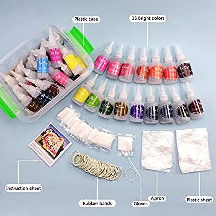 Tie Dye Kit DIY Arts and Crafts Set of 15 Permanent Colors, B08D6YK8H7 Non Toxic - Paint Shirts Fabrics There es - Create Colorful Clothes, Multiple Designs - Apron, Gloves, Table Cover, Instructions Included